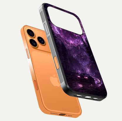 Eternal Cosmic Drive Glass Case for iPhone 17 Pro Max floating mockup showing glossy polish and vivid glow