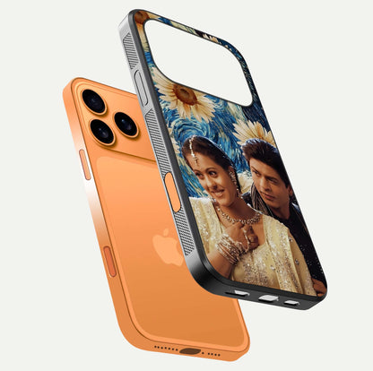 Eternal Love Story Glass Case for iPhone 17 Pro Max floating mockup showing glossy shine and romantic tone