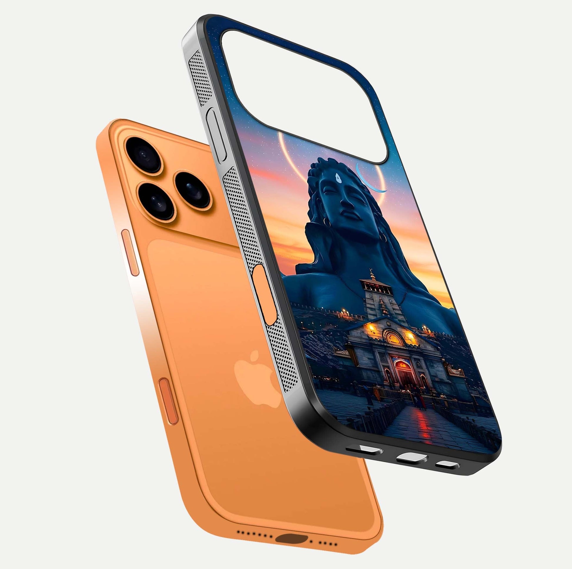 Eternal Shiva Aura Glass Case for iPhone 17 Pro Max floating mockup showing gloss texture and spiritual glow
