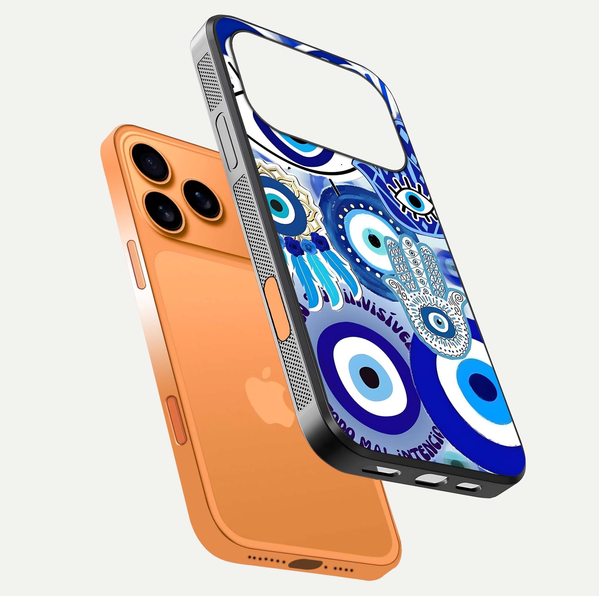 Evil Eyes Dream Glass Case for iPhone 17 Pro Max floating mockup showing glossy shine and elegant pattern clarity