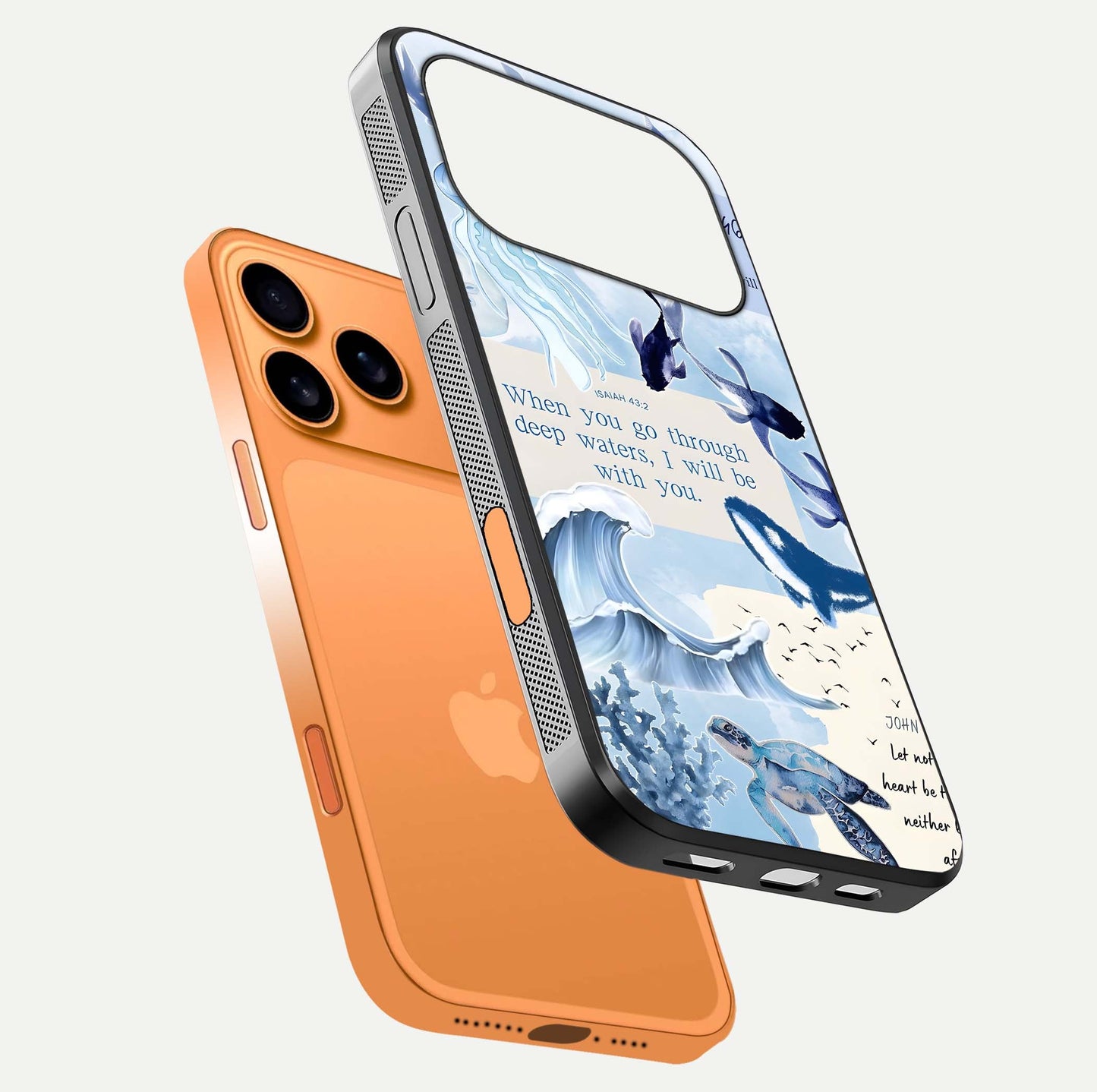 Faithful Ocean Promise Glass Case for iPhone 17 Pro Max floating mockup displaying glossy surface and vivid depth