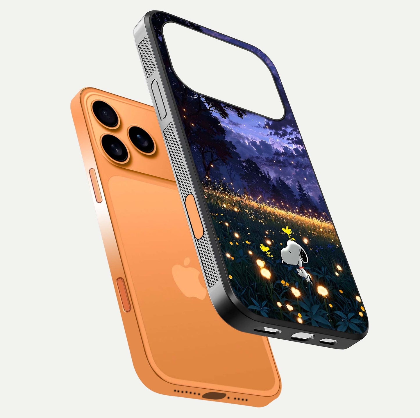 Firefly Meadow Magic Glass Case for iPhone 17 Pro Max floating mockup showing gloss polish and magical night hues