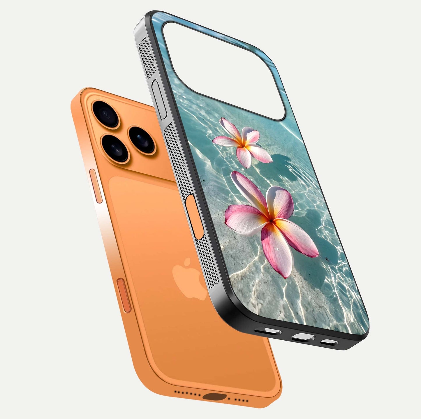 Floating Bloom Bliss Glass Case for iPhone 17 Pro Max floating mockup showing HD gloss shine and floral texture
