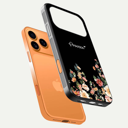 Floral Design Personalized Custom Name Glass Case for iPhone 17 Pro Max floating mockup showing reflection polish and vivid colors