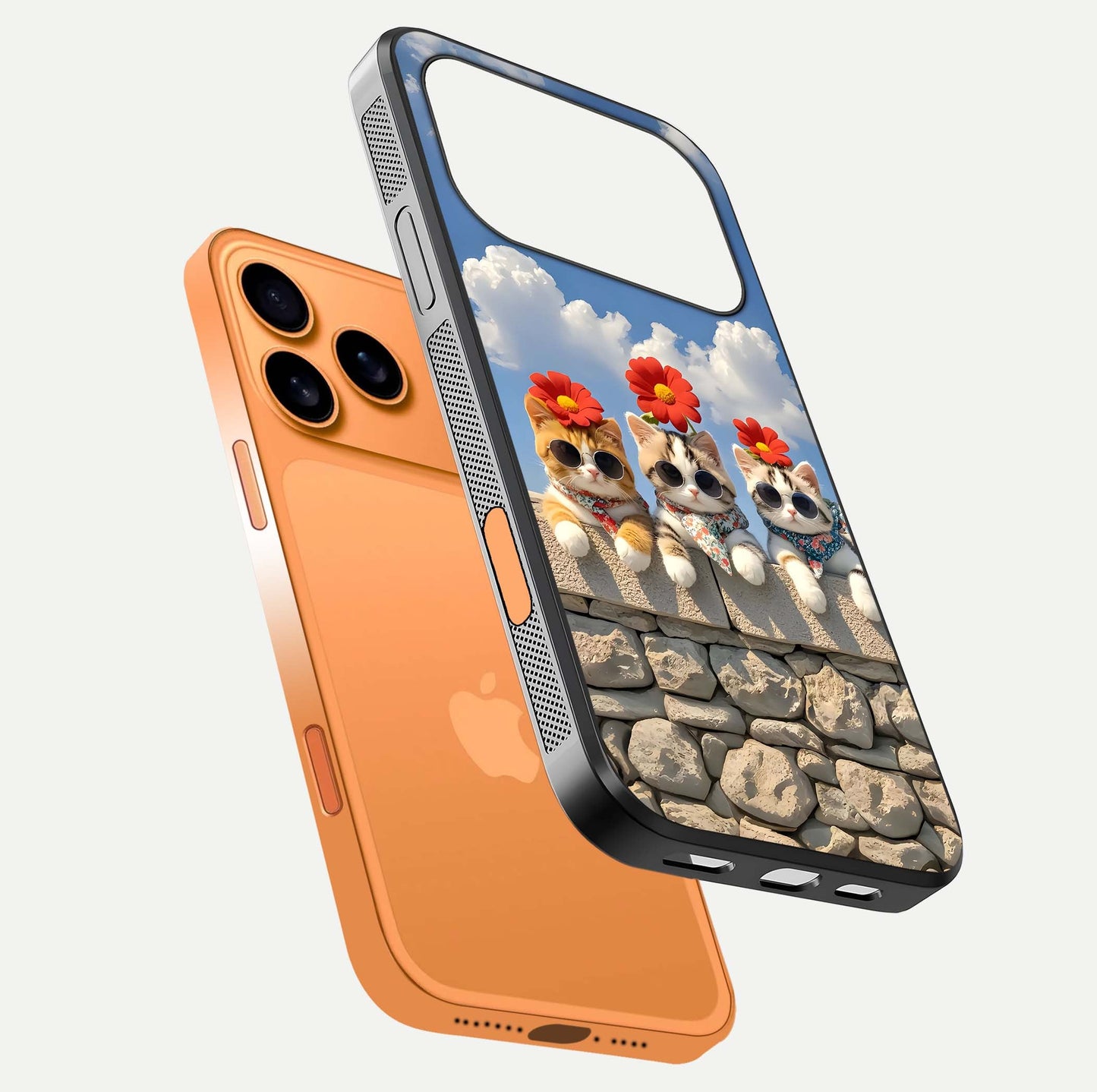 Floral Kitty Squad Glass Case for iPhone 17 Pro Max floating mockup showing gloss texture and playful charm