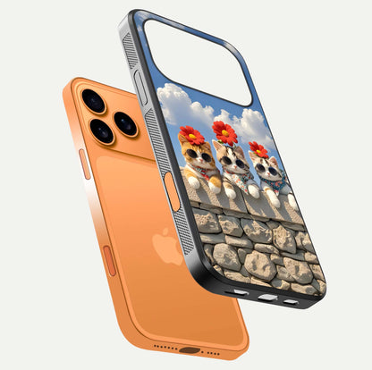 Floral Kitty Squad Glass Case for iPhone 17 Pro Max floating mockup showing gloss texture and playful charm