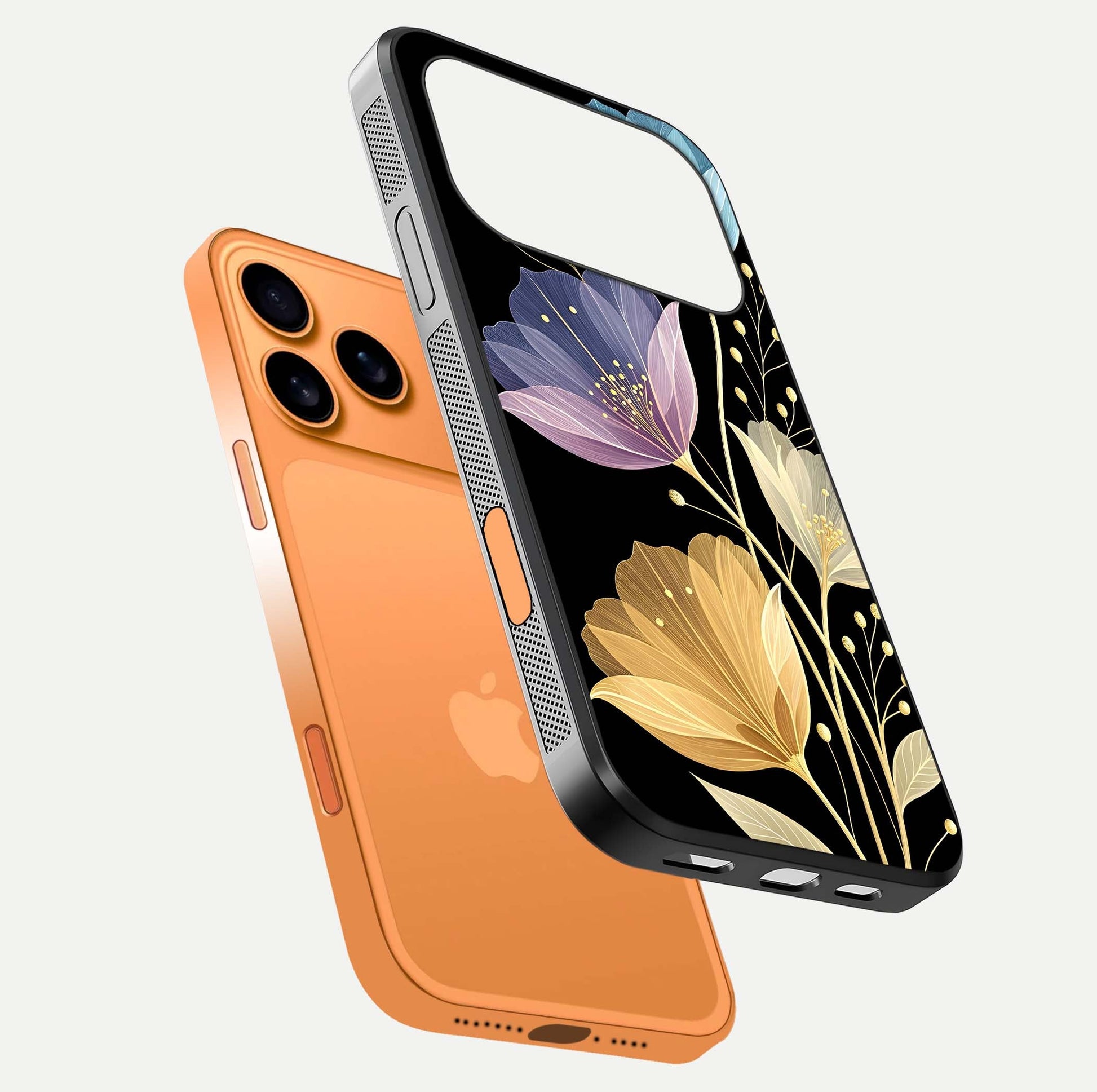 Flower Bloom Glow Glass Case for iPhone 17 Pro Max floating mockup showing HD shine and artistic detail