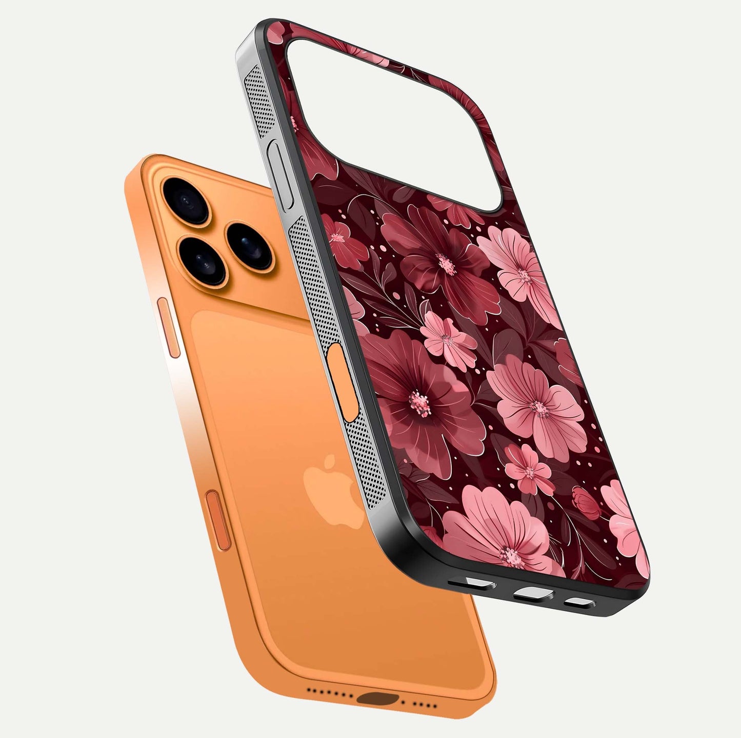 Flower Blush Bloom Glass Case for iPhone 17 Pro Max floating mockup showing shine polish and elegant look
