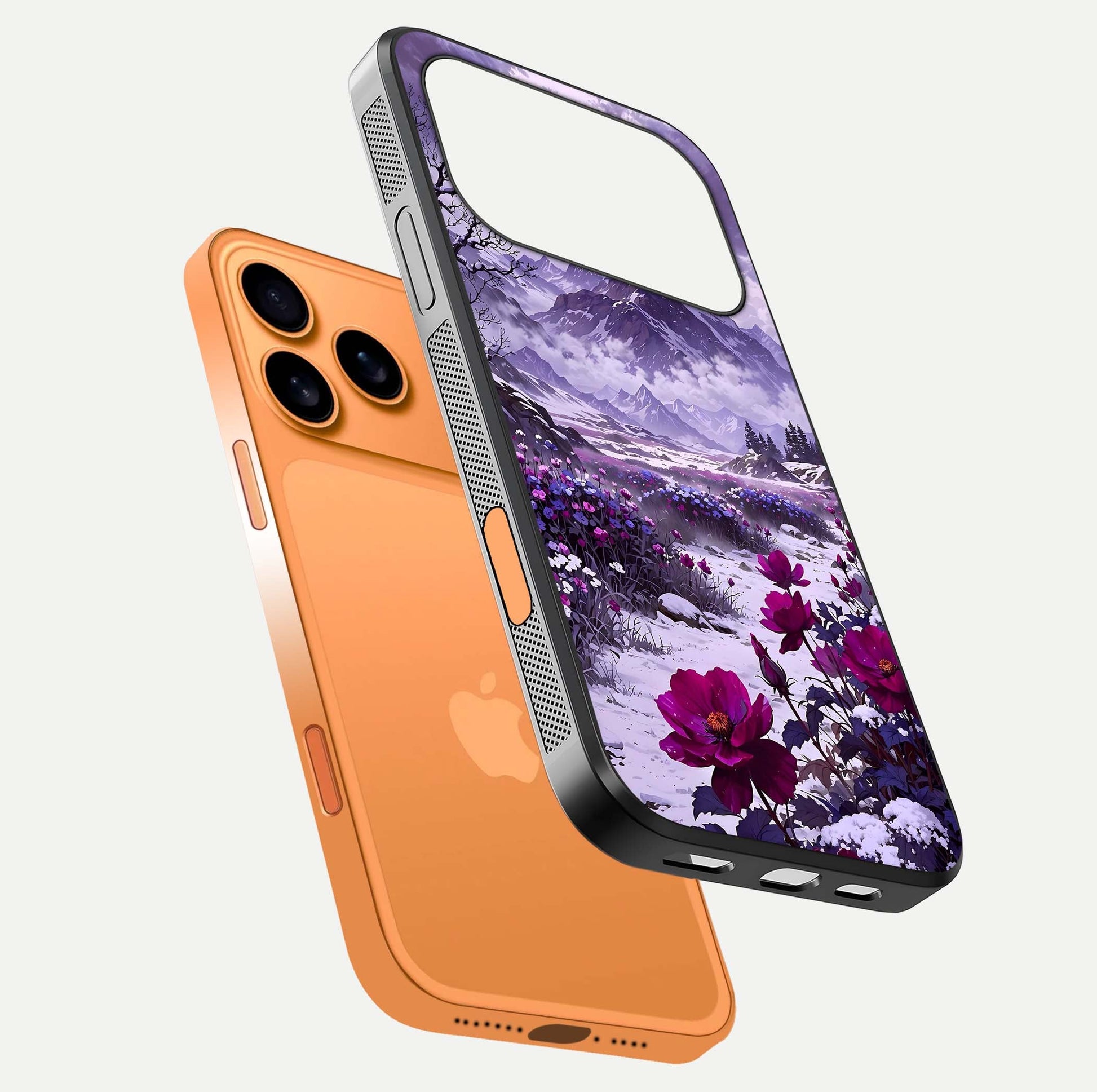 Flower Mountain View Glass Case for iPhone 17 Pro Max floating mockup showing reflection glow and artistic clarity