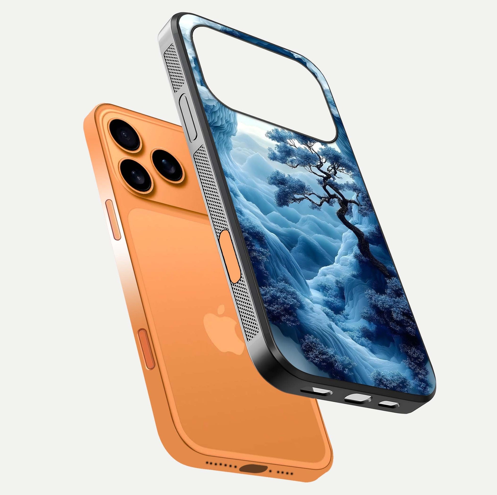 Frozen Serenity Gate Glass Case for iPhone 17 Pro Max floating mockup showing glossy depth and crystal glow