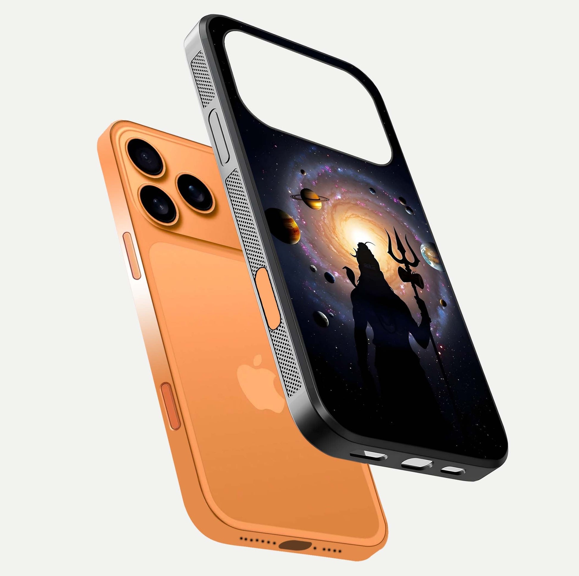 Galactic Shiva Vision Glass Case for iPhone 17 Pro Max floating dual-view mockup displaying vibrant cosmic colors and smooth gloss texture
