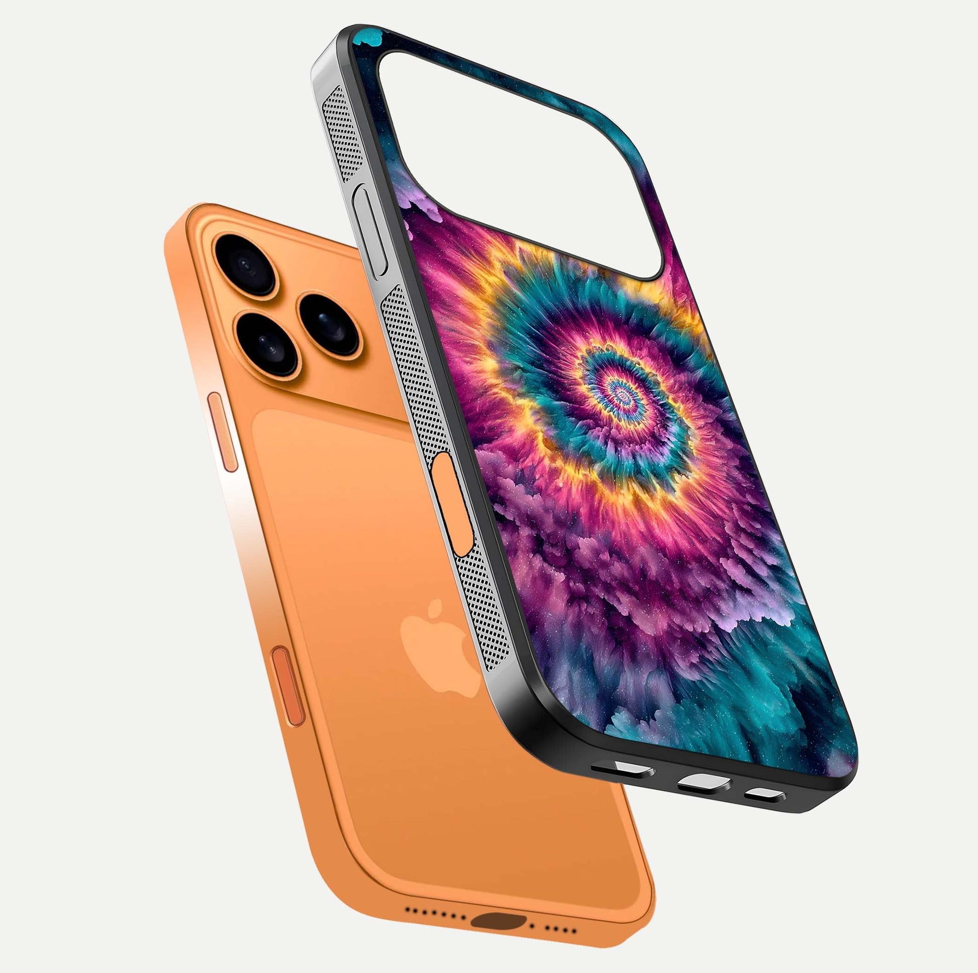 Galactic Spiral Burst Glass Case for iPhone 17 Pro Max floating dual-view mockup displaying light trails and smooth gloss shine