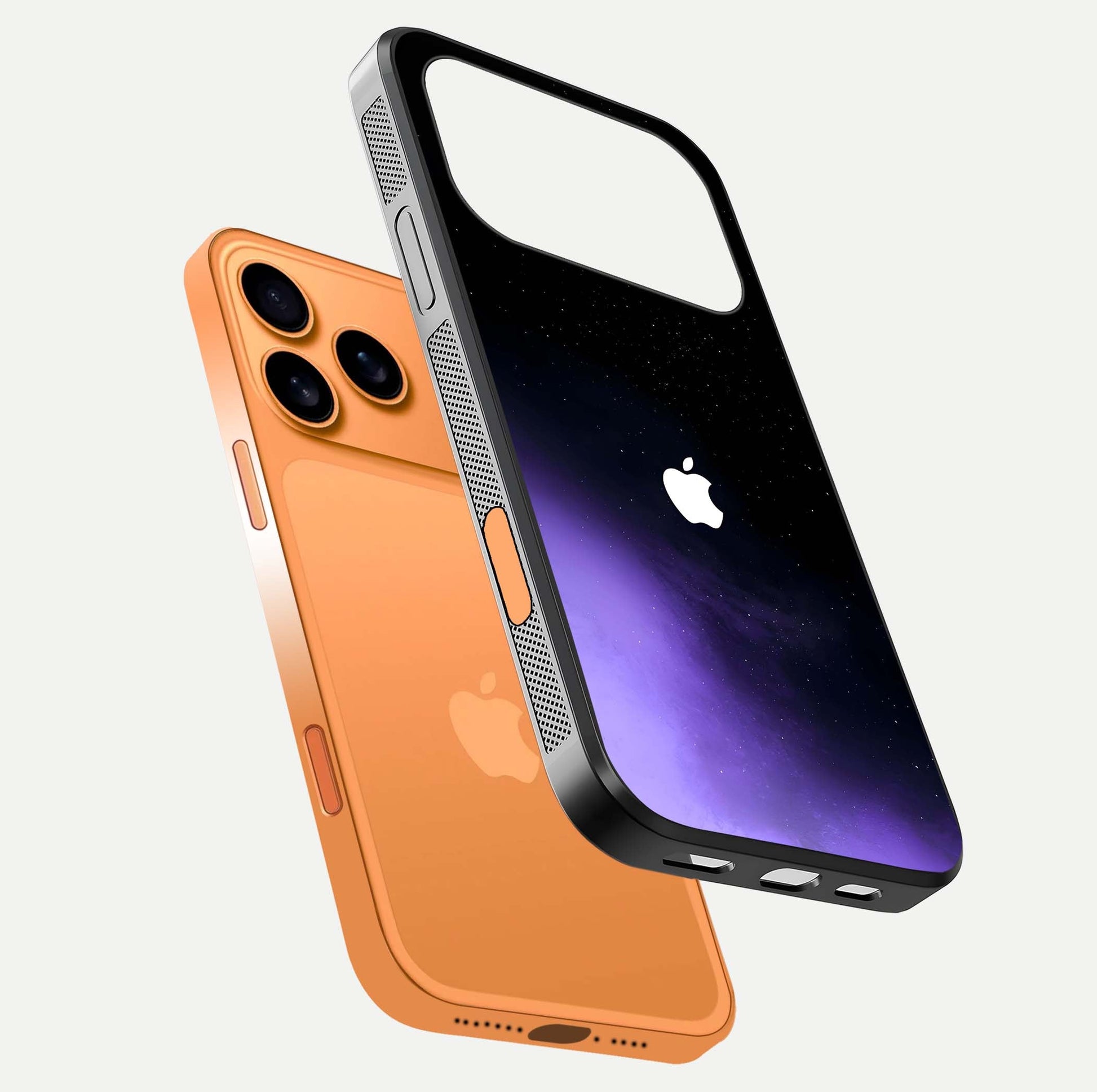 Galaxy Apple Aura Glass Case for iPhone 17 Pro Max floating dual-view mockup highlighting HD gloss and deep space color blend