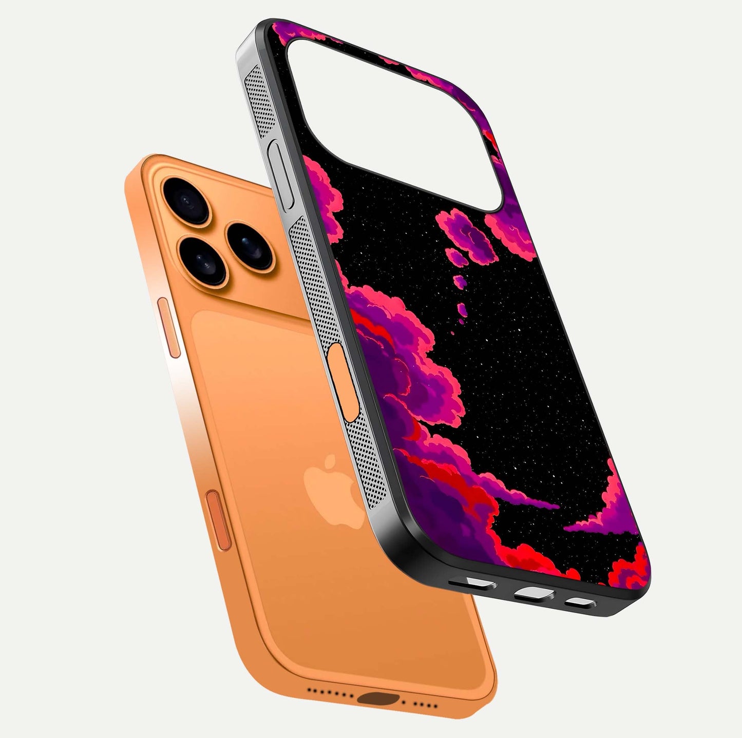 Galaxy Dream Frame Glass Case for iPhone 17 Pro Max floating dual-view mockup showing vibrant gloss and space-themed tones
