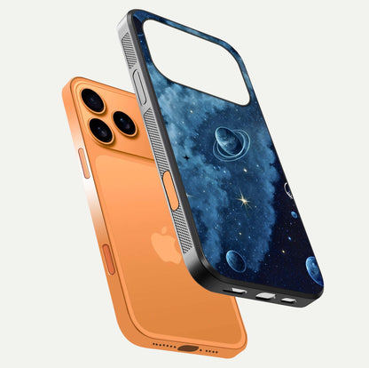 Galaxy Dream Space Glass Case for iPhone 17 Pro Max floating dual-view mockup showing glossy finish and celestial depth