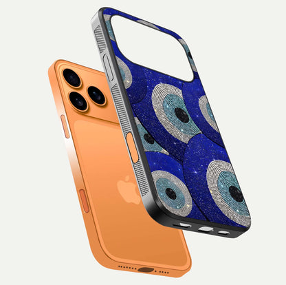 Galaxy Eye Flow Glass Case for iPhone 17 Pro Max floating dual-view mockup showing gloss polish and glowing tones
