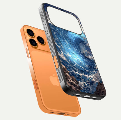 Giant Ocean Wave Glass Case for iPhone 17 Pro Max floating dual-view mockup showing glossy depth and aquatic blue gradient