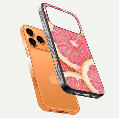 Glitter Grapefruit Glass Case for iPhone 17 Pro Max floating dual-view mockup showing HD gloss and fresh color detail