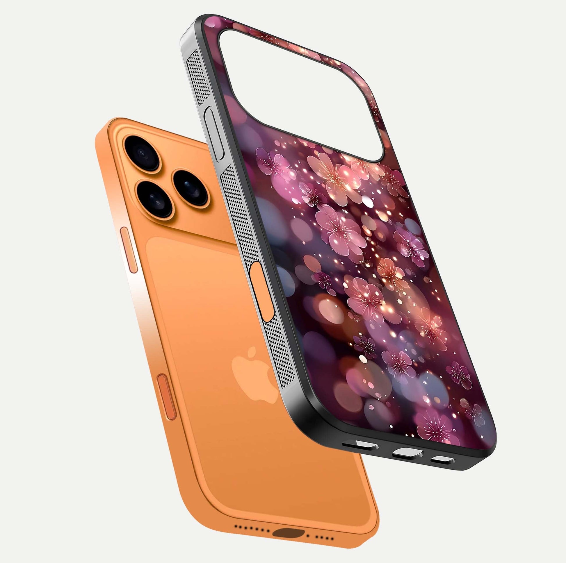 Glowing Petal Bliss Glass Case for iPhone 17 Pro Max floating dual-view mockup showing gloss brightness and delicate tone