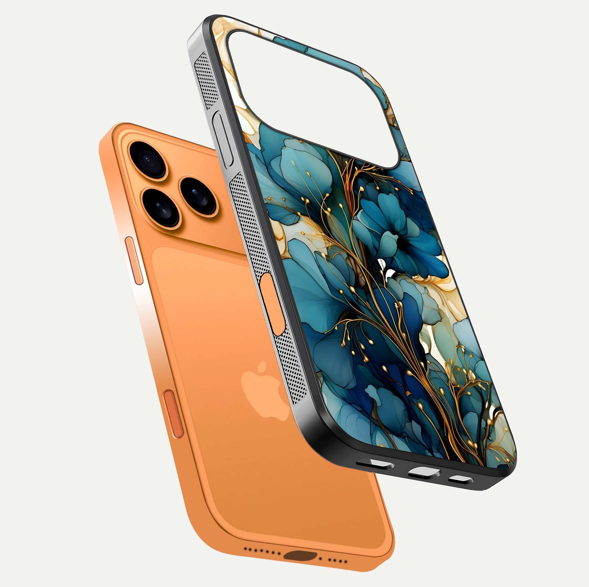 Golden Bloom Symphony Glass Case for iPhone 17 Pro Max floating dual-view mockup displaying shine texture and luxury pattern