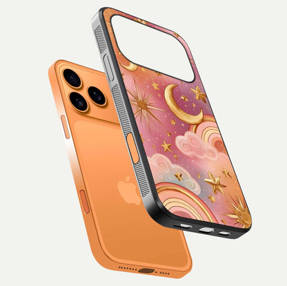 Golden Celestial Dreams Glass Case for iPhone 17 Pro Max floating dual-view mockup showing gloss surface and dream-like glow