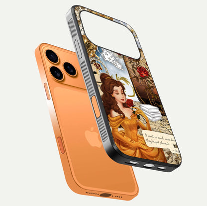 Golden Dream Belle Glass Case for iPhone 17 Pro Max floating dual-view mockup highlighting gloss texture and elegant shimmer