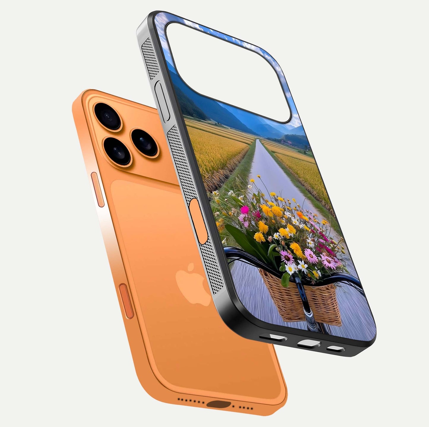Golden Field Journey Glass Case for iPhone 17 Pro Max floating dual-view mockup showing gloss surface and field depth