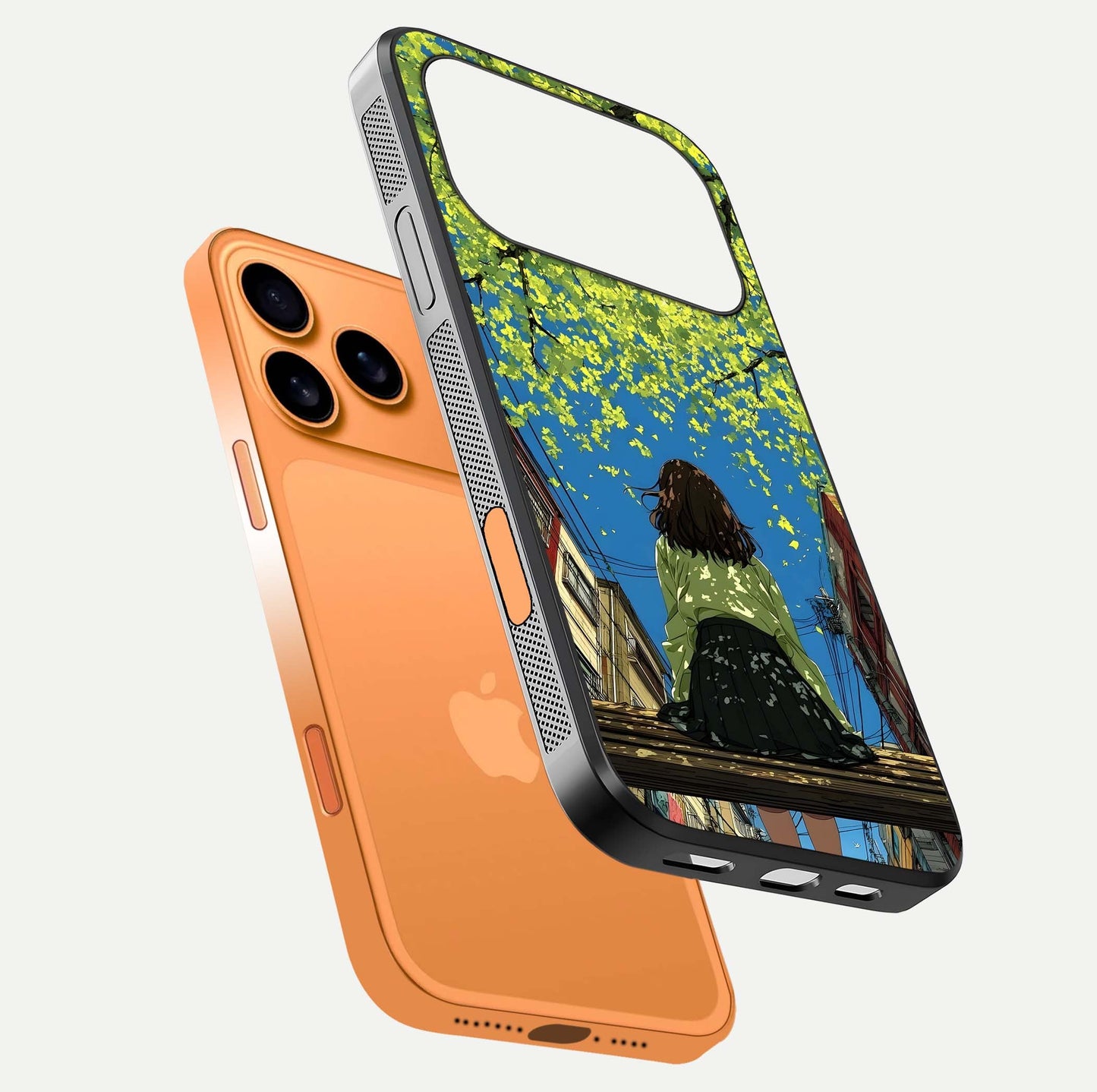 Golden Leaves Glow Glass Case for iPhone 17 Pro Max floating dual-view mockup showing gloss depth and gold-leaf detail
