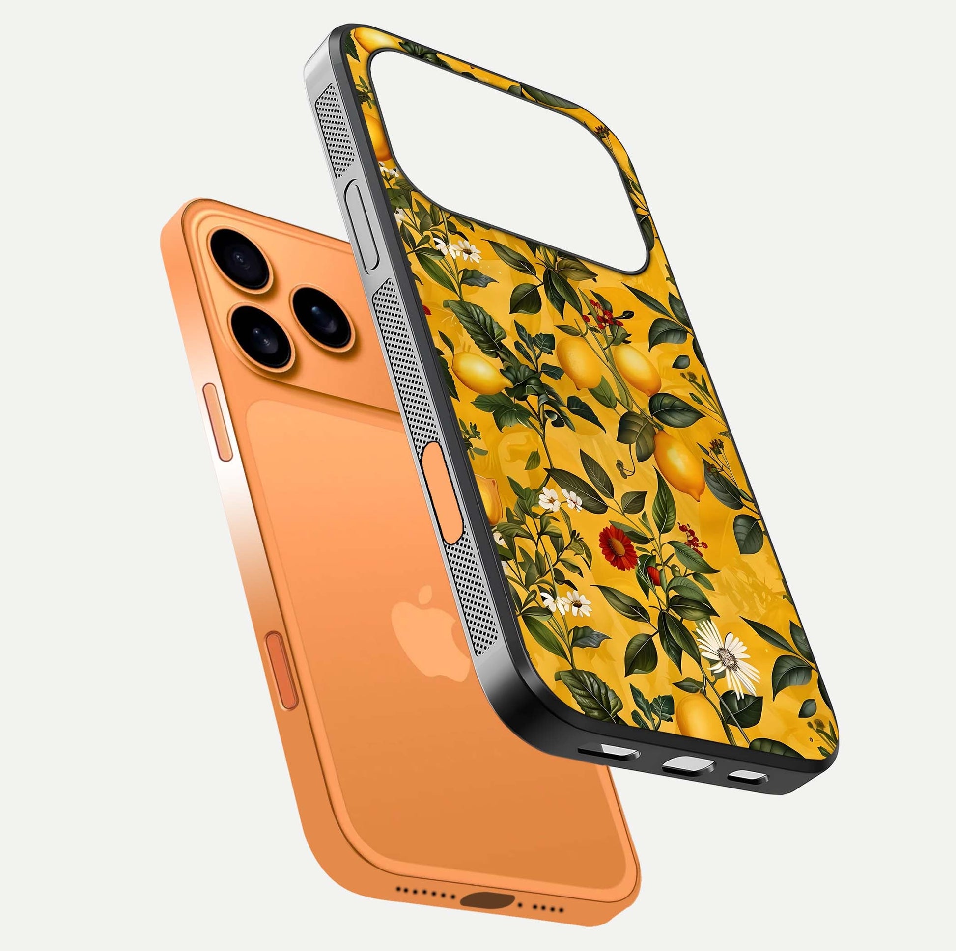 Golden Lemon Field Glass Case for iPhone 17 Pro Max floating dual-view mockup showing gloss shine and yellow-gold palette