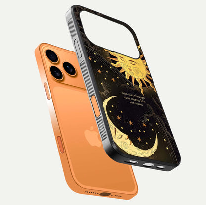 Golden Lunar Love Glass Case for iPhone 17 Pro Max floating dual-view mockup showing glossy glow and romantic theme