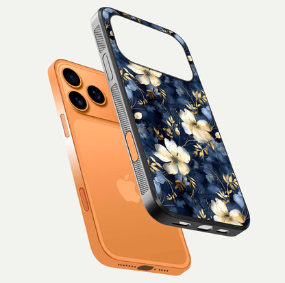 Golden Midnight Bloom Glass Case for iPhone 17 Pro Max floating dual-view mockup showing gloss polish and metallic reflection