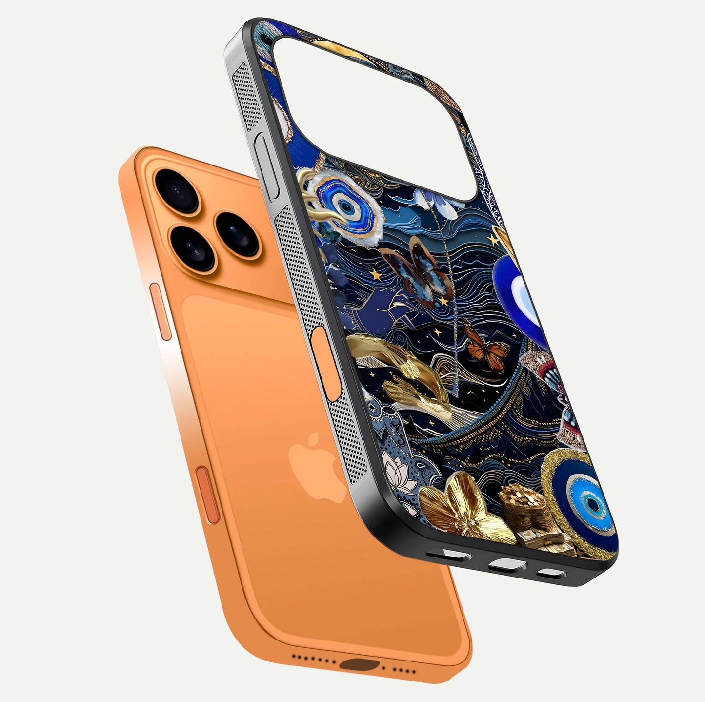 Golden Moon Magic Glass Case for iPhone 17 Pro Max floating dual-view mockup showing gloss texture and golden illumination