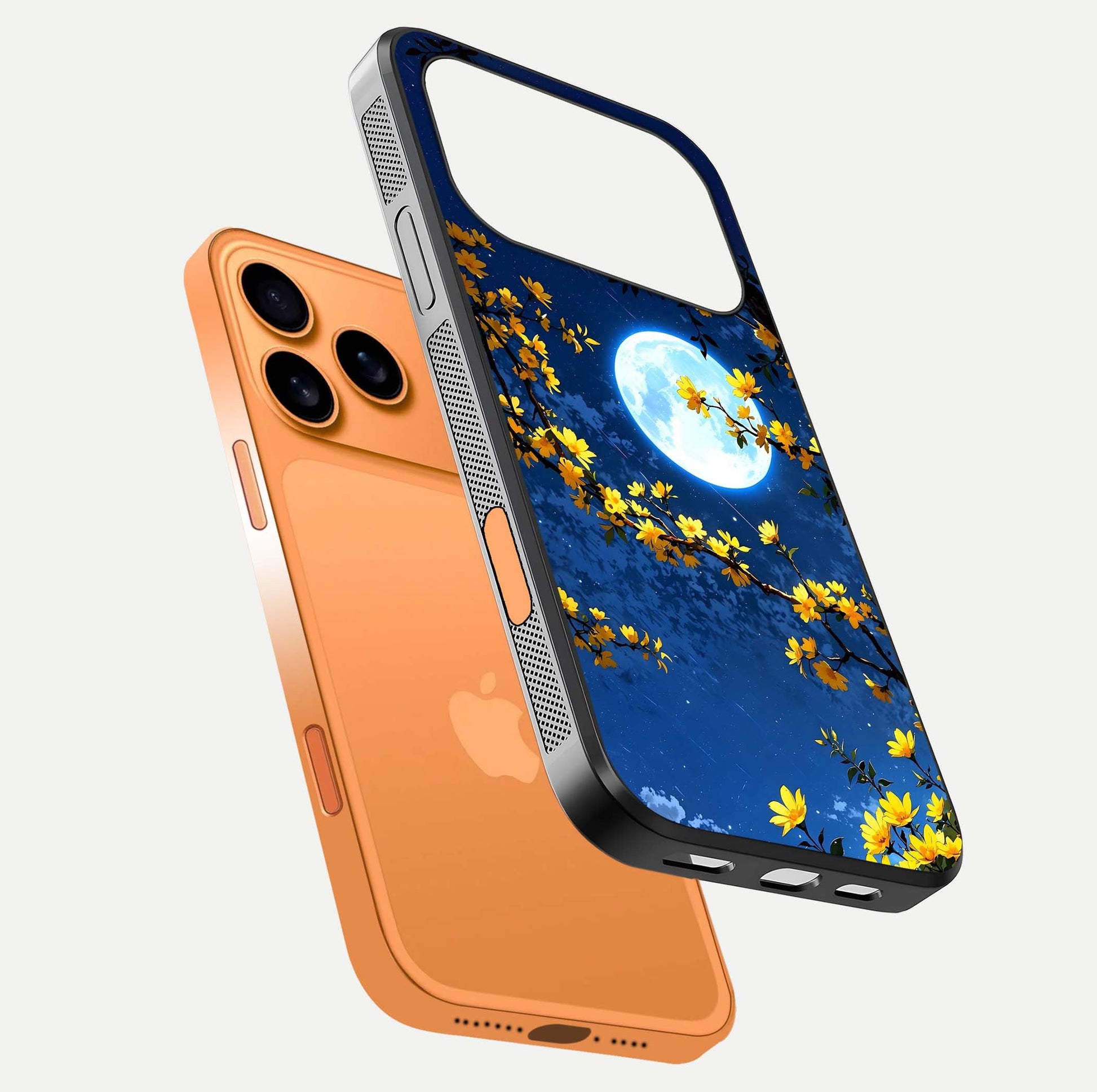 Golden Night Glow Glass Case for iPhone 17 Pro Max floating dual-view mockup showing gloss polish and luxury shine