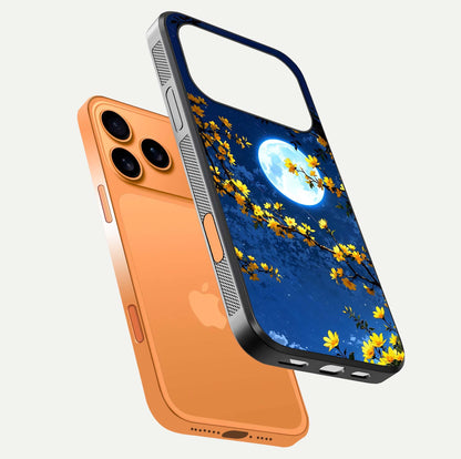 Golden Night Glow Glass Case for iPhone 17 Pro Max floating dual-view mockup showing gloss polish and luxury shine