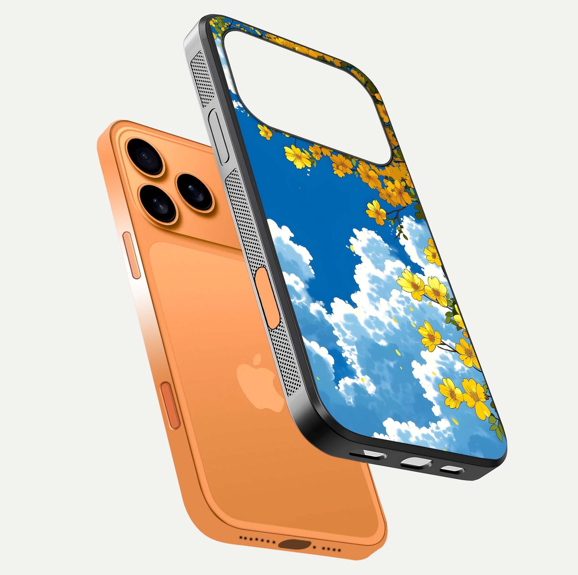 Golden Petal Sky Glass Case for iPhone 17 Pro Max floating dual-view mockup showing gloss brilliance and gold detail