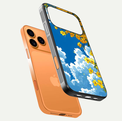 Golden Petal Sky Glass Case for iPhone 17 Pro Max floating dual-view mockup showing gloss brilliance and gold detail