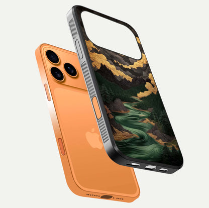 Golden River Moon Glass Case for iPhone 17 Pro Max floating dual-view mockup showing gloss surface and luxury tone