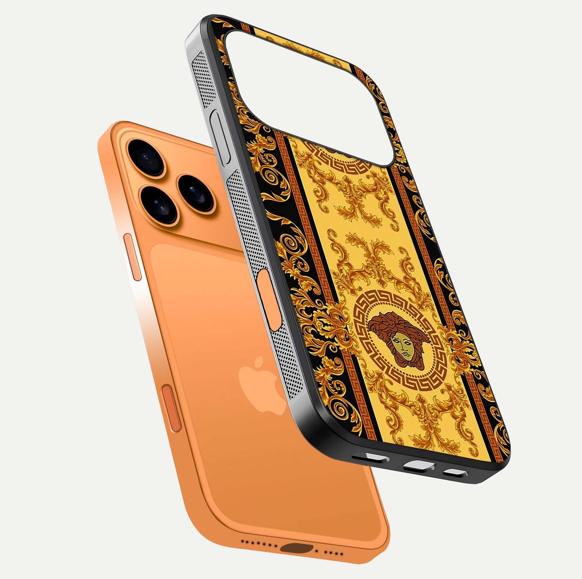 Golden Royal Heritage Glass Case for iPhone 17 Pro Max floating dual-view mockup showing glossy surface and rich regal tone