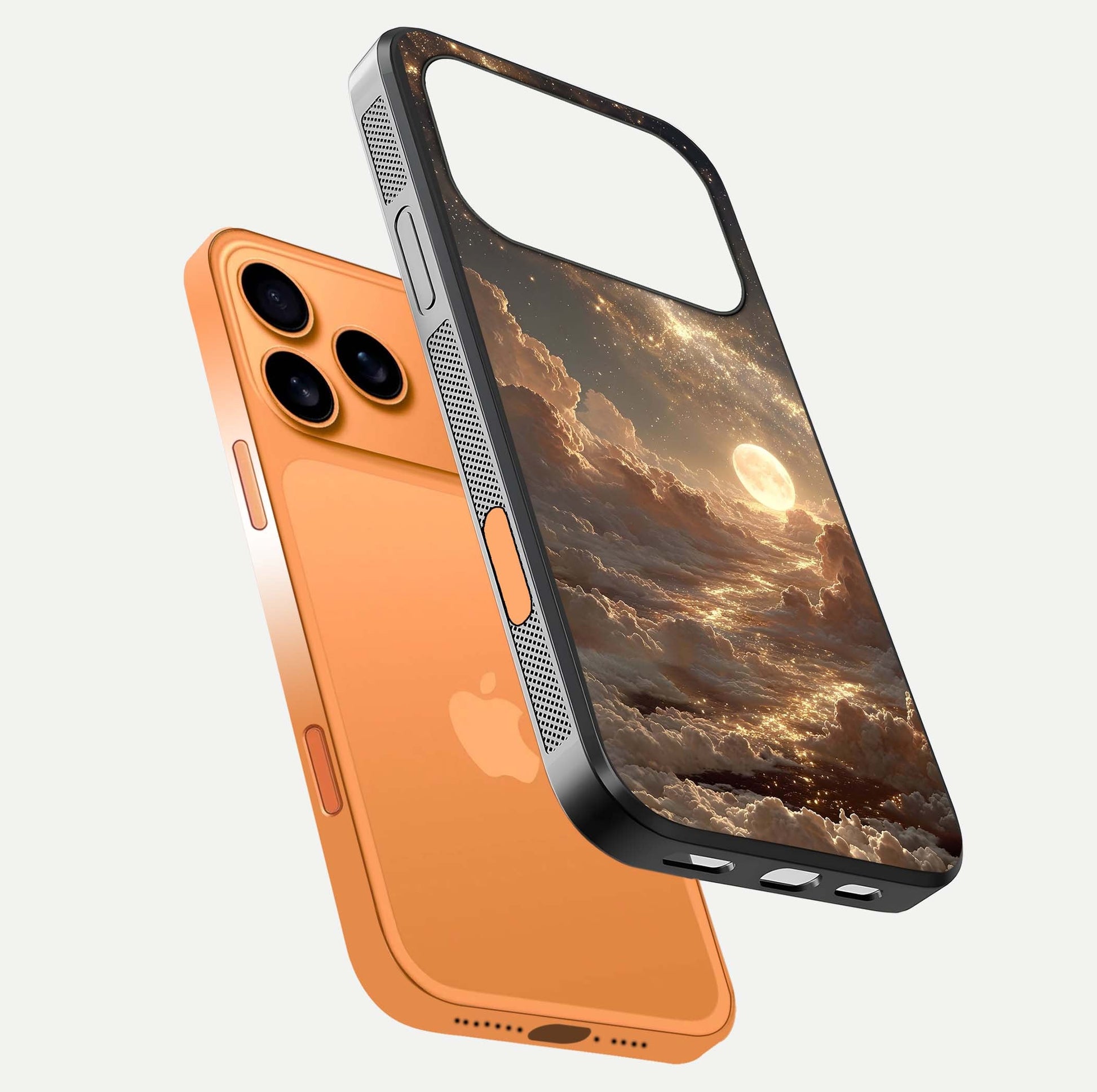 Golden Sky Dream Glass Case for iPhone 17 Pro Max floating dual-view mockup showing gloss depth and elegant finish