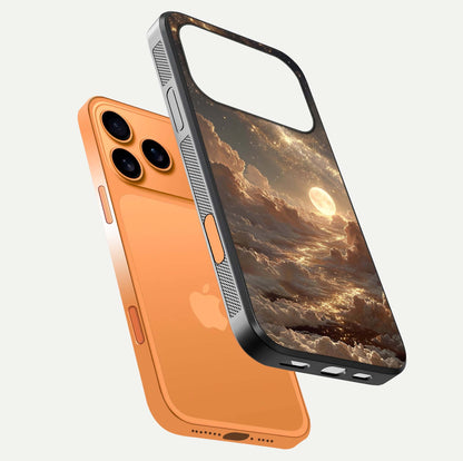 Golden Sky Dream Glass Case for iPhone 17 Pro Max floating dual-view mockup showing gloss depth and elegant finish