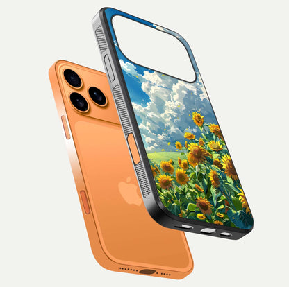 Golden Sun Glory Glass Case for iPhone 17 Pro Max floating dual-view mockup showing gloss shine and premium surface