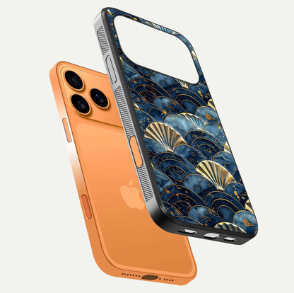Golden Wave Luxe Glass Case for iPhone 17 Pro Max floating dual-view mockup showing gloss surface and shimmering tones