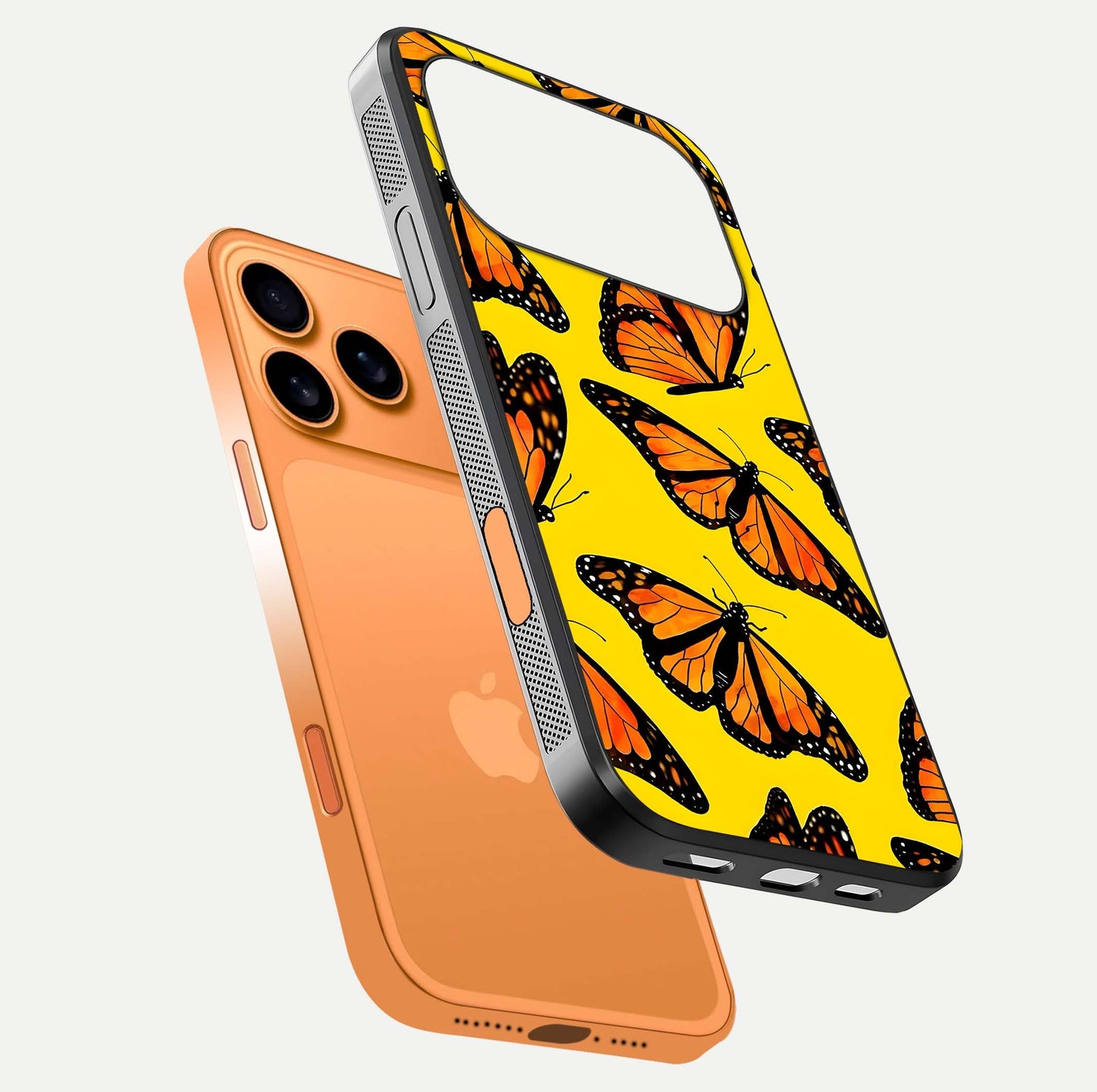 Golden Wing Flight Glass Case for iPhone 17 Pro Max floating dual-view mockup showing gloss reflection and luxury tone