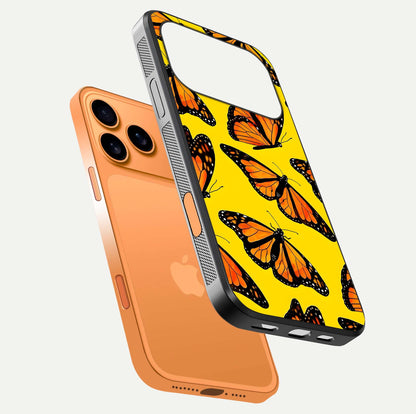 Golden Wing Flight Glass Case for iPhone 17 Pro Max floating dual-view mockup showing gloss reflection and luxury tone