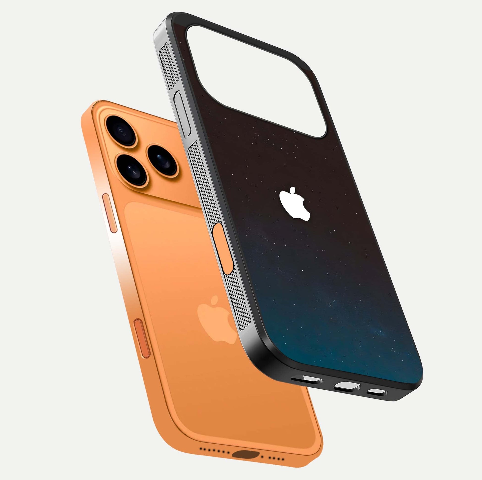 Green Emerald Apple Logo Glass Case for iPhone 17 Pro Max floating dual-view mockup showing glossy shine and premium color tone