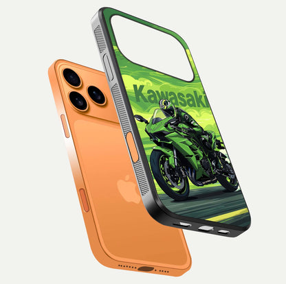 Green Kawasaki Glass Case for iPhone 17 Pro Max floating dual-view mockup showing gloss surface and power-bike theme