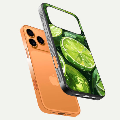 Green Lemon Glass Case for iPhone 17 Pro Max floating dual-view mockup showing glossy surface and fruity freshness