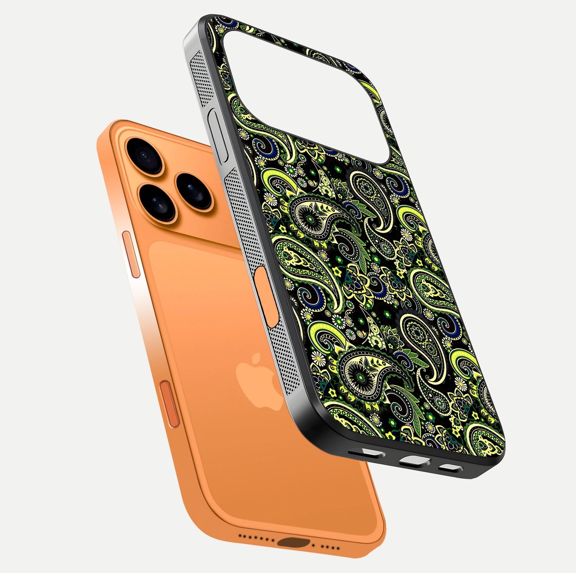 Green Mandala Pattern Glass Case for iPhone 17 Pro Max floating dual-view mockup showing gloss texture and symmetry shine
