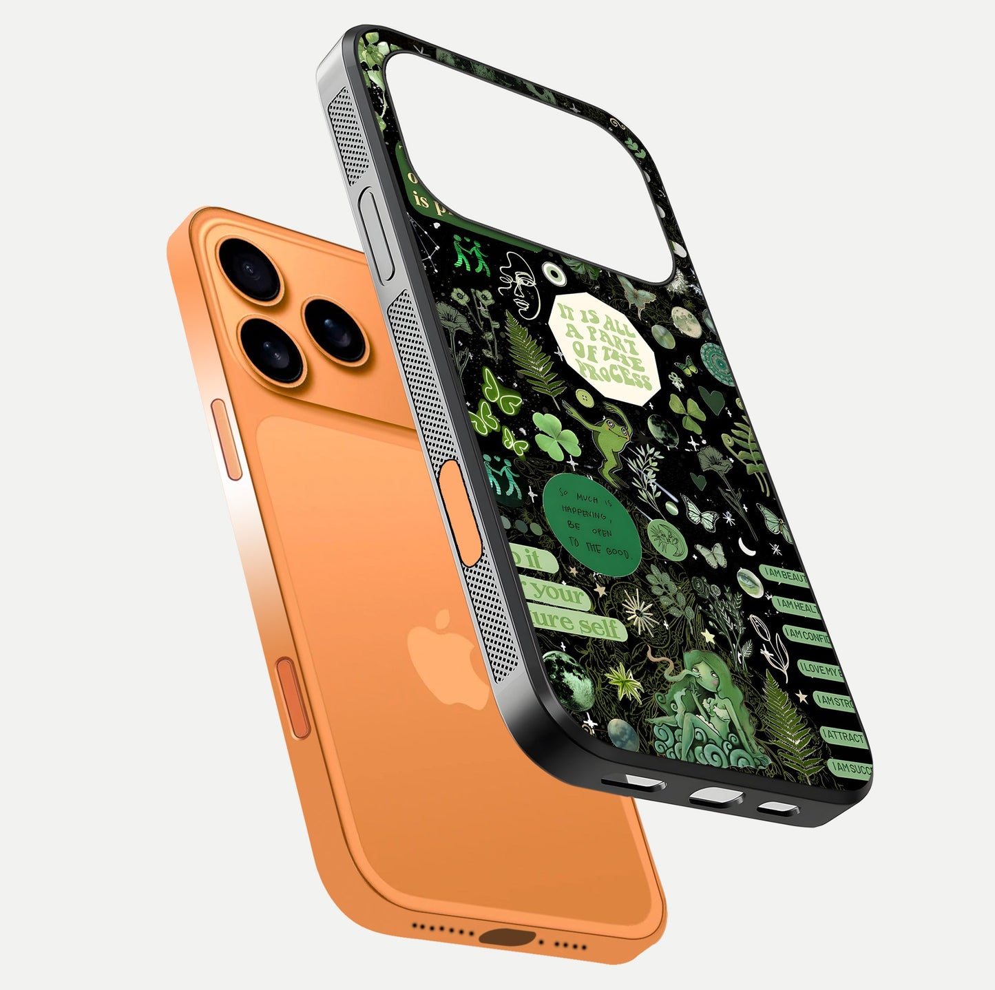 Green Moon Energy Glass Case for iPhone 17 Pro Max floating dual-view mockup showing glossy texture and energy aura