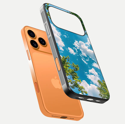 Greenery Sky Glass Case for iPhone 17 Pro Max floating dual-view mockup showing glossy shine and soft natural tones